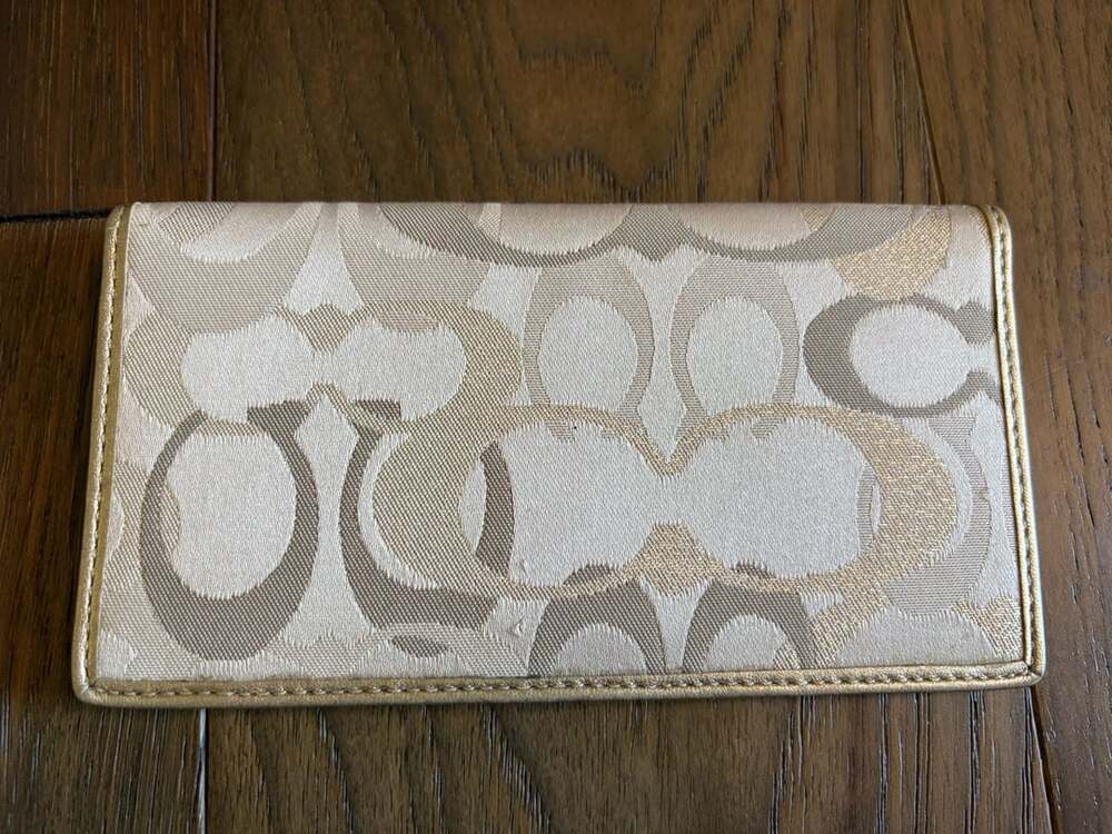 Coach Signature C Metallic Gold Beige Satin Checkbook Wallet